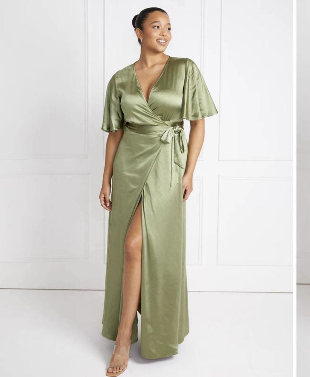 Six Stories Sage Green Satin Wrap Maxi Dress Women UK 22 Flutter Sleeve NWT $199